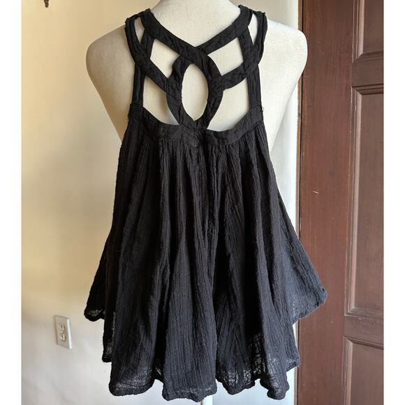 FREE PEOPLE | FP One Black Gauze Lattice Neck Swing Tank Geo blouson Boho Small - Picture 4 of 5